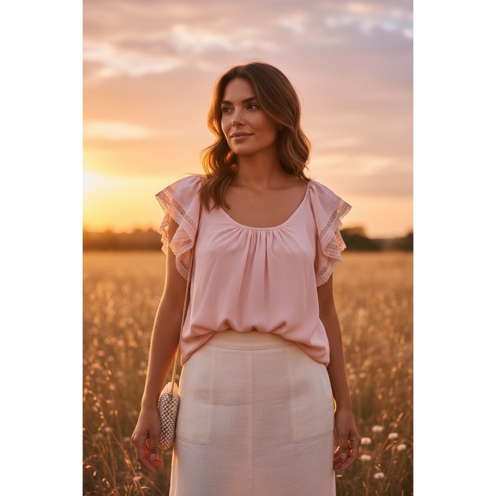 Philosophy - Pink Lace Flutter Sleeve Gathered Neck Blouse Top Sz. S Petite - B8